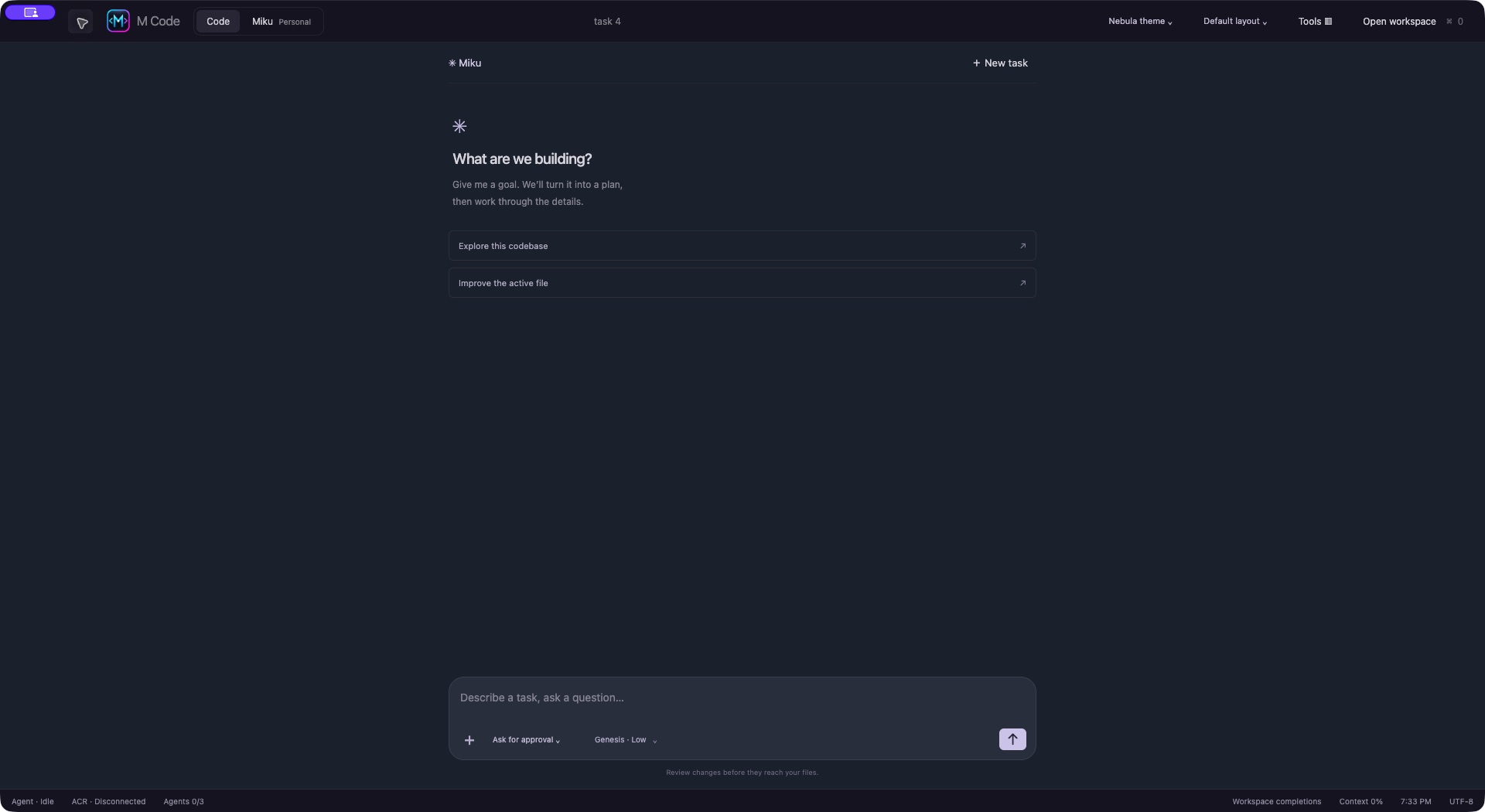 M Code development build showing the Code workspace and task composer